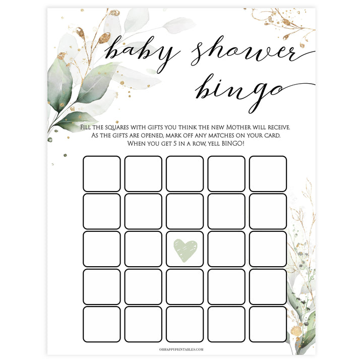 Gold green leaf baby games, baby shower bingo, printable baby games, fun baby games, top baby games to play, gold leaf baby shower, greenery baby shower ideas