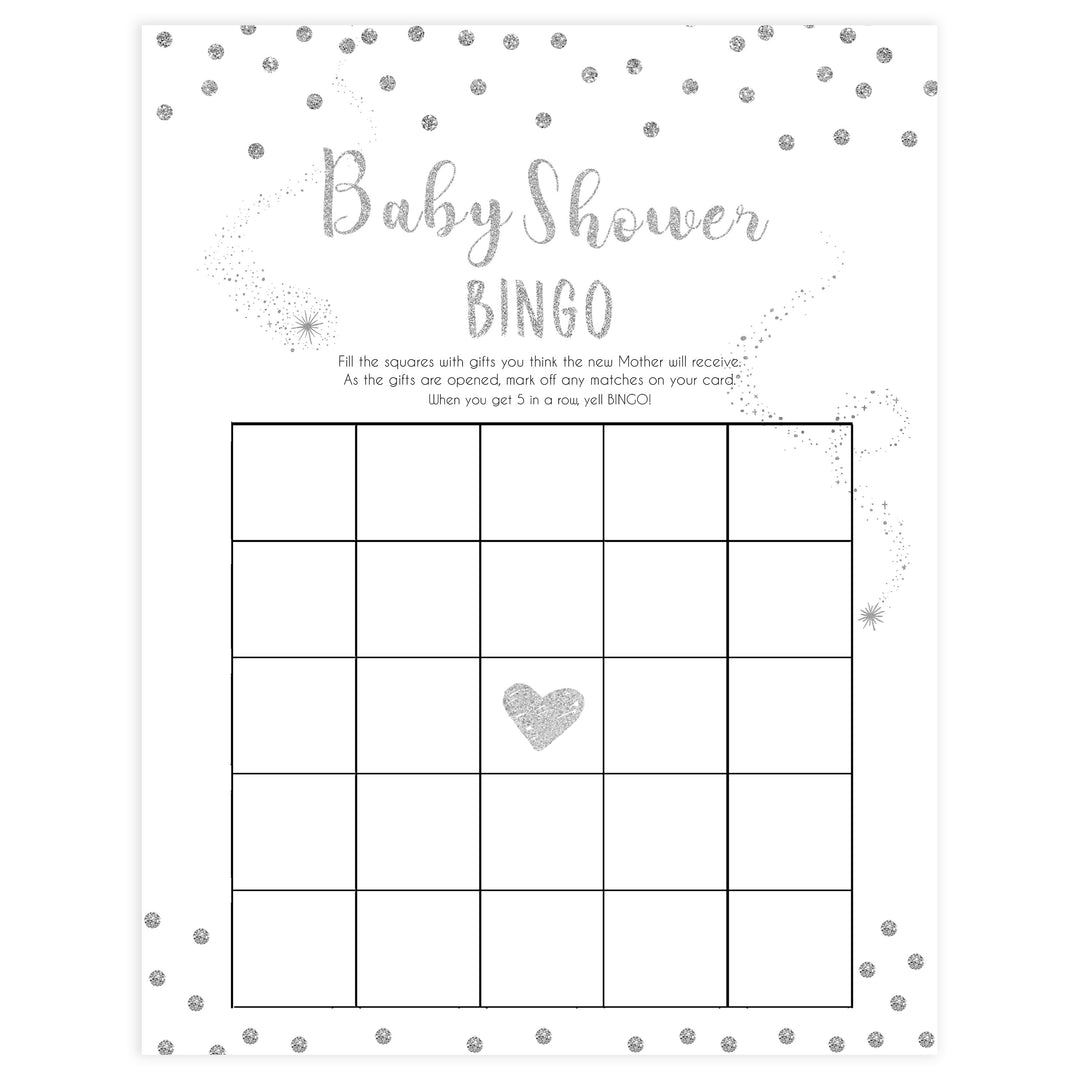 baby shower bingo, Printable baby shower games, baby silver glitter fun baby games, baby shower games, fun baby shower ideas, top baby shower ideas, silver glitter shower baby shower, friends baby shower ideas
