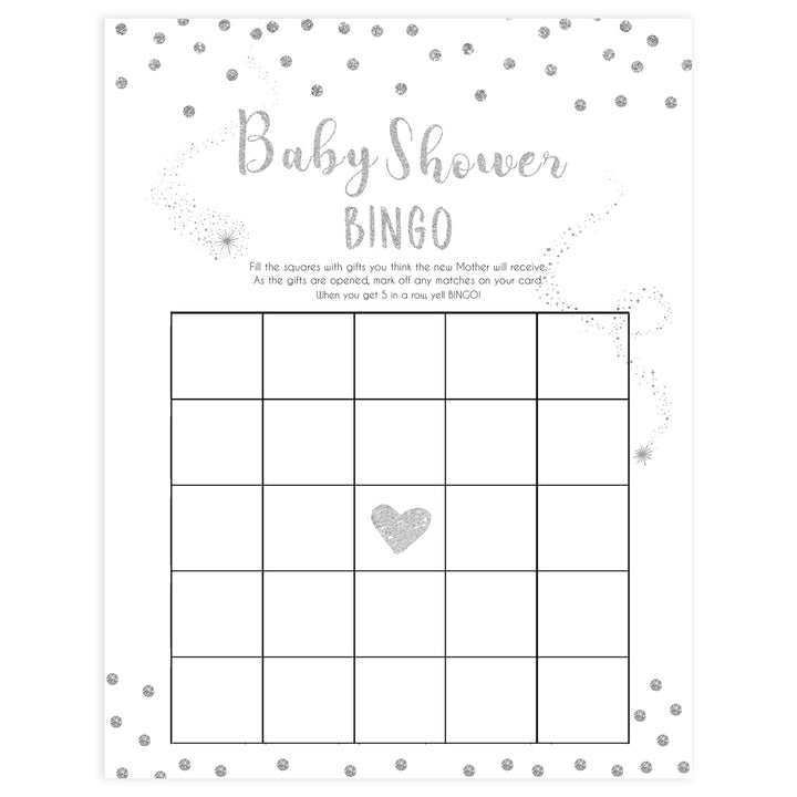 baby shower bingo, Printable baby shower games, baby silver glitter fun baby games, baby shower games, fun baby shower ideas, top baby shower ideas, silver glitter shower baby shower, friends baby shower ideas