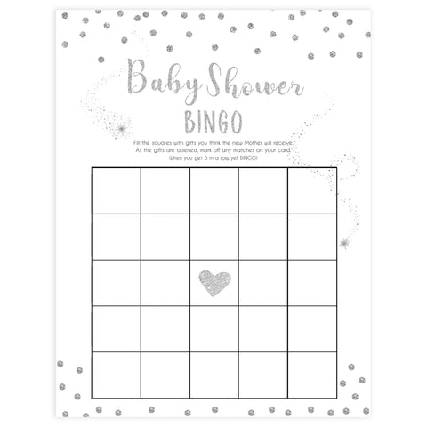 baby shower bingo, Printable baby shower games, baby silver glitter fun baby games, baby shower games, fun baby shower ideas, top baby shower ideas, silver glitter shower baby shower, friends baby shower ideas