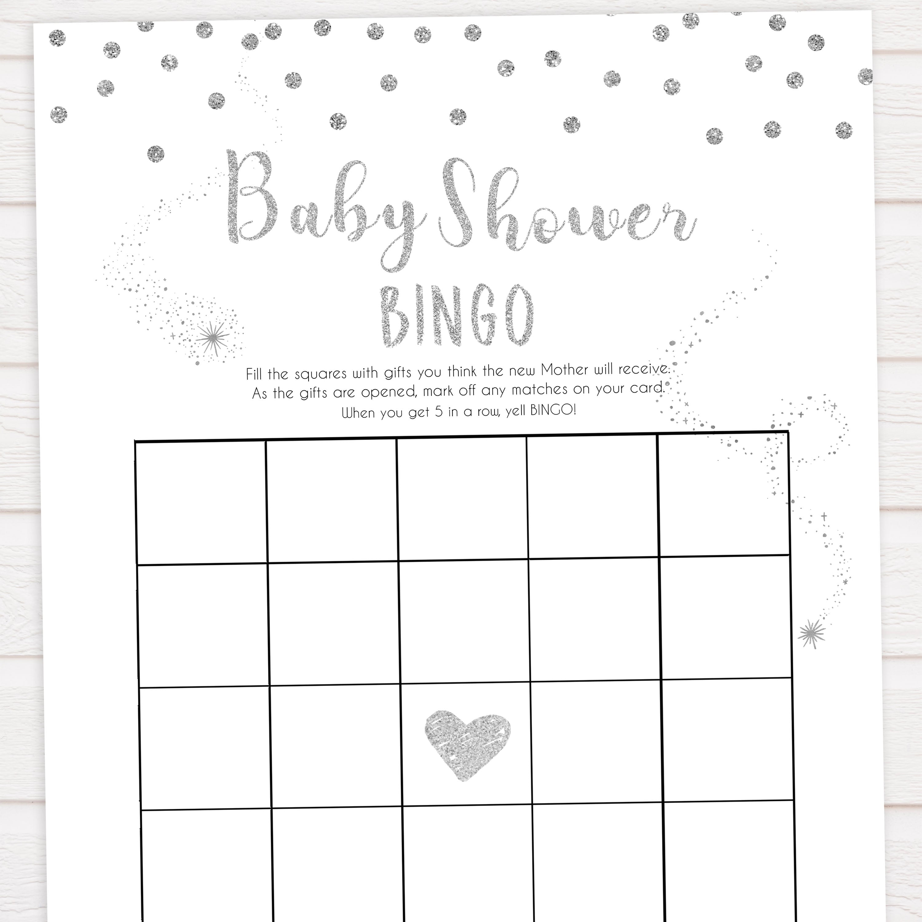 baby shower bingo, Printable baby shower games, baby silver glitter fun baby games, baby shower games, fun baby shower ideas, top baby shower ideas, silver glitter shower baby shower, friends baby shower ideas