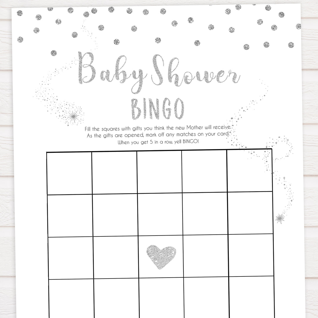baby shower bingo, Printable baby shower games, baby silver glitter fun baby games, baby shower games, fun baby shower ideas, top baby shower ideas, silver glitter shower baby shower, friends baby shower ideas
