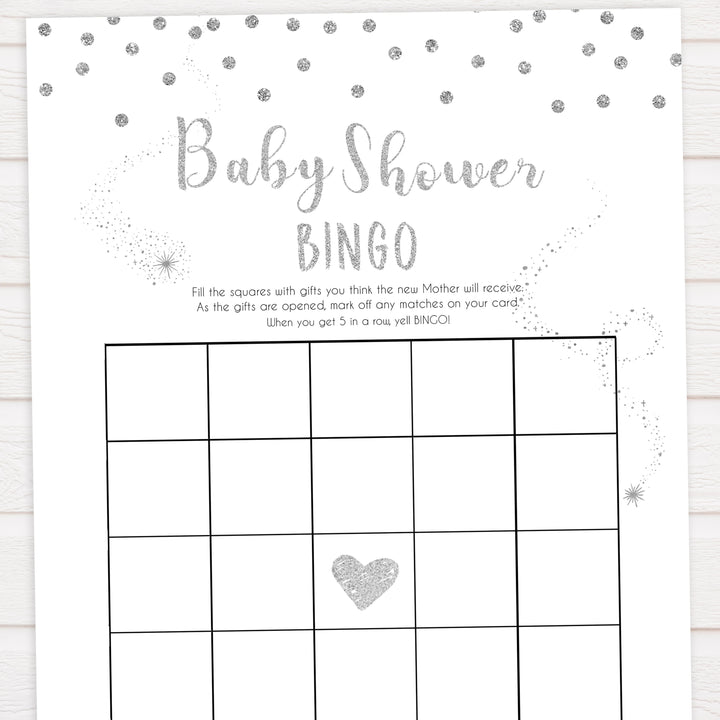 baby shower bingo, Printable baby shower games, baby silver glitter fun baby games, baby shower games, fun baby shower ideas, top baby shower ideas, silver glitter shower baby shower, friends baby shower ideas