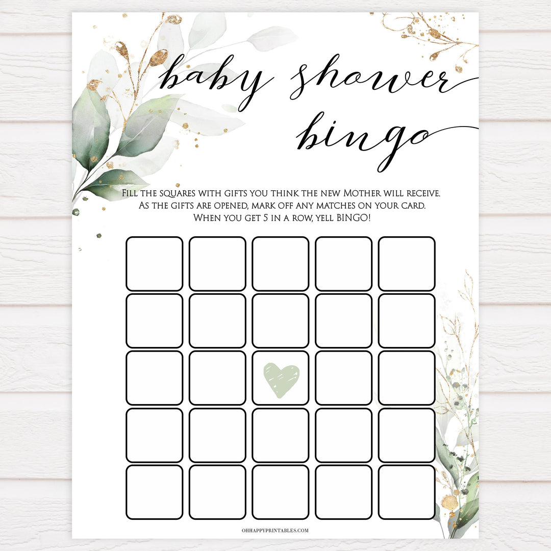 Gold green leaf baby games, baby shower bingo, printable baby games, fun baby games, top baby games to play, gold leaf baby shower, greenery baby shower ideas