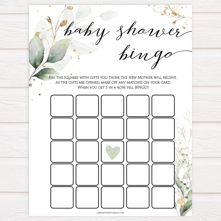 Gold green leaf baby games, baby shower bingo, printable baby games, fun baby games, top baby games to play, gold leaf baby shower, greenery baby shower ideas