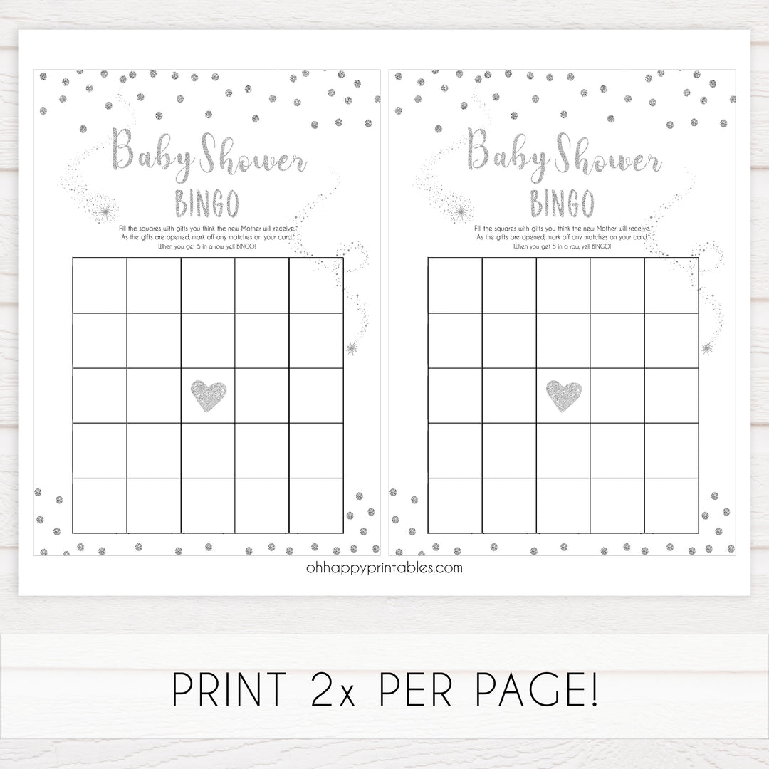 baby shower bingo, Printable baby shower games, baby silver glitter fun baby games, baby shower games, fun baby shower ideas, top baby shower ideas, silver glitter shower baby shower, friends baby shower ideas