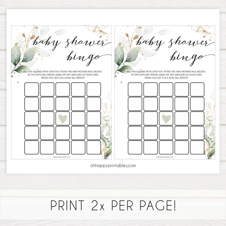 Gold green leaf baby games, baby shower bingo, printable baby games, fun baby games, top baby games to play, gold leaf baby shower, greenery baby shower ideas