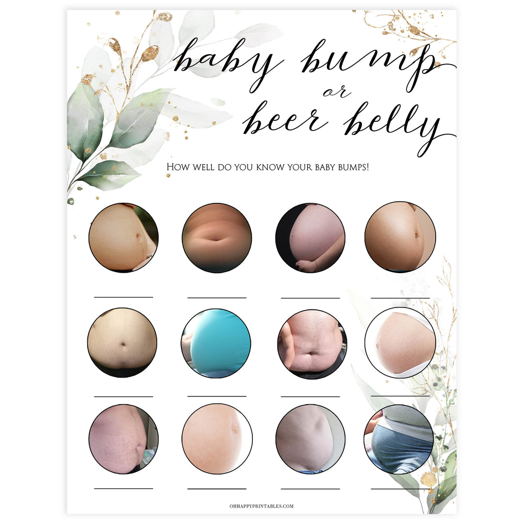 Gold green leaf baby games, baby bump or beer belly, printable baby games, fun baby games, top baby games to play, gold leaf baby shower, greenery baby shower ideas