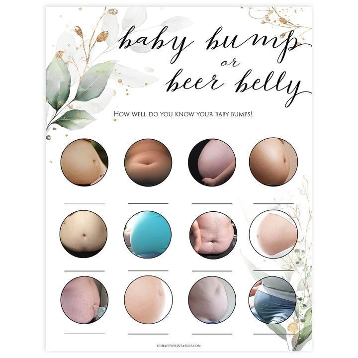 Gold green leaf baby games, baby bump or beer belly, printable baby games, fun baby games, top baby games to play, gold leaf baby shower, greenery baby shower ideas