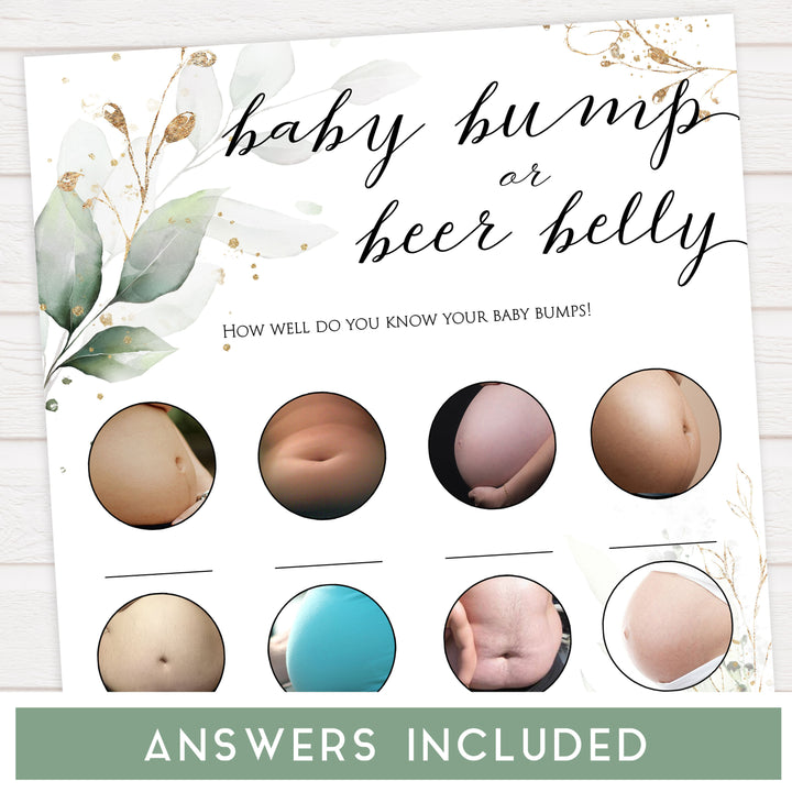 Gold green leaf baby games, baby bump or beer belly, printable baby games, fun baby games, top baby games to play, gold leaf baby shower, greenery baby shower ideas