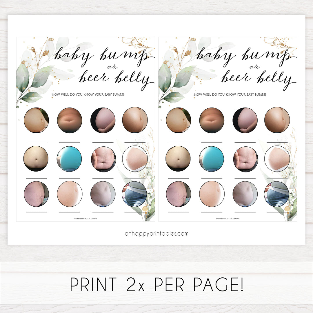 Gold green leaf baby games, baby bump or beer belly, printable baby games, fun baby games, top baby games to play, gold leaf baby shower, greenery baby shower ideas
