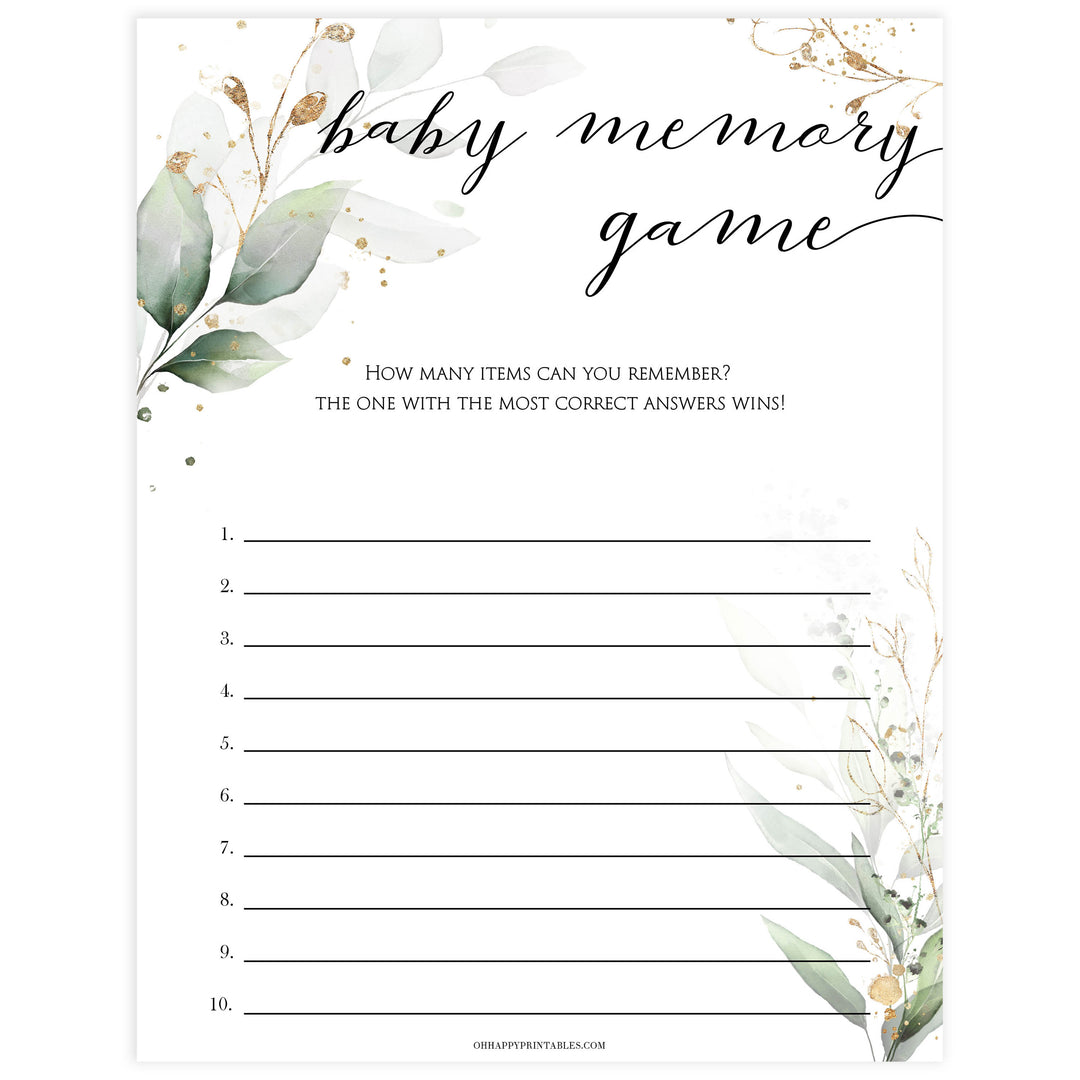 Gold green leaf baby games, baby memory game, printable baby games, fun baby games, top baby games to play, gold leaf baby shower, greenery baby shower ideas