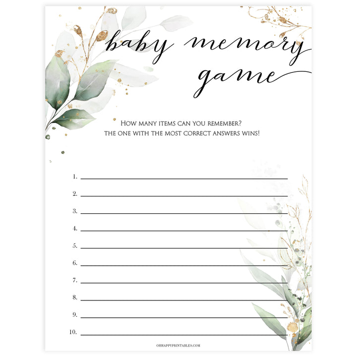 Gold green leaf baby games, baby memory game, printable baby games, fun baby games, top baby games to play, gold leaf baby shower, greenery baby shower ideas