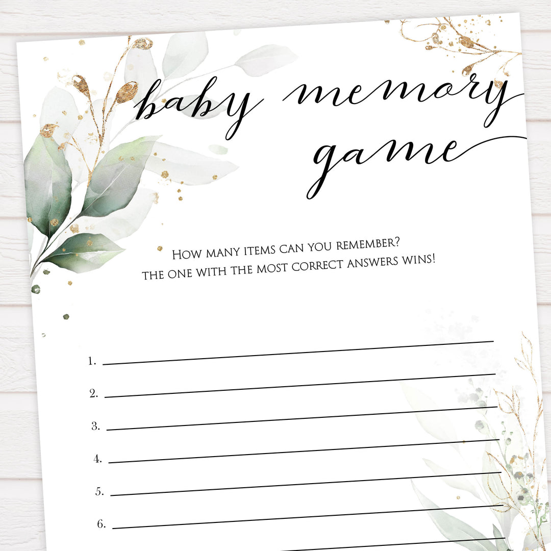 Gold green leaf baby games, baby memory game, printable baby games, fun baby games, top baby games to play, gold leaf baby shower, greenery baby shower ideas