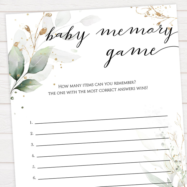 Gold green leaf baby games, baby memory game, printable baby games, fun baby games, top baby games to play, gold leaf baby shower, greenery baby shower ideas