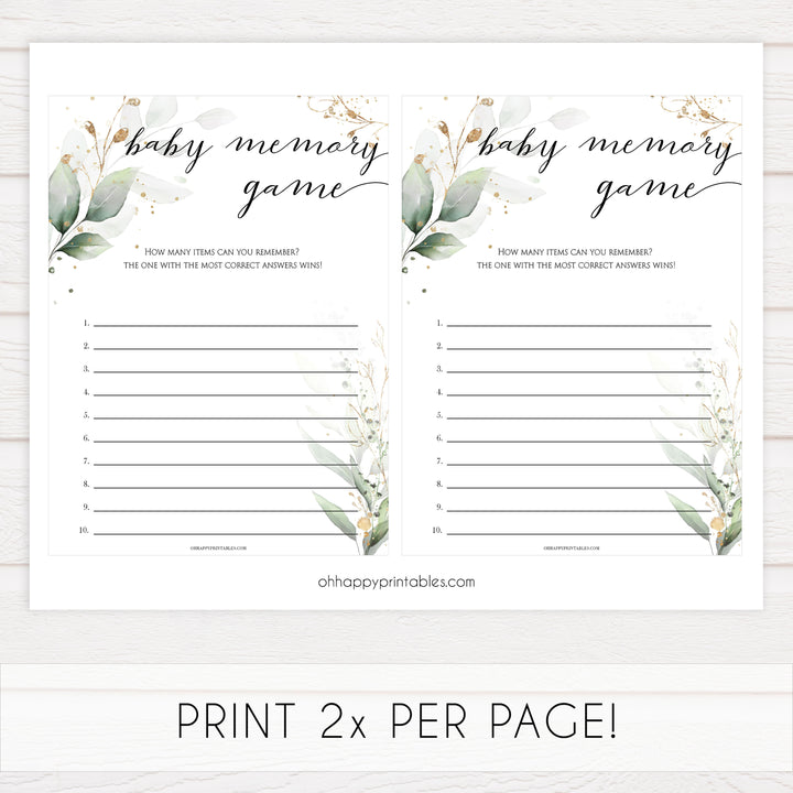 Gold green leaf baby games, baby memory game, printable baby games, fun baby games, top baby games to play, gold leaf baby shower, greenery baby shower ideas