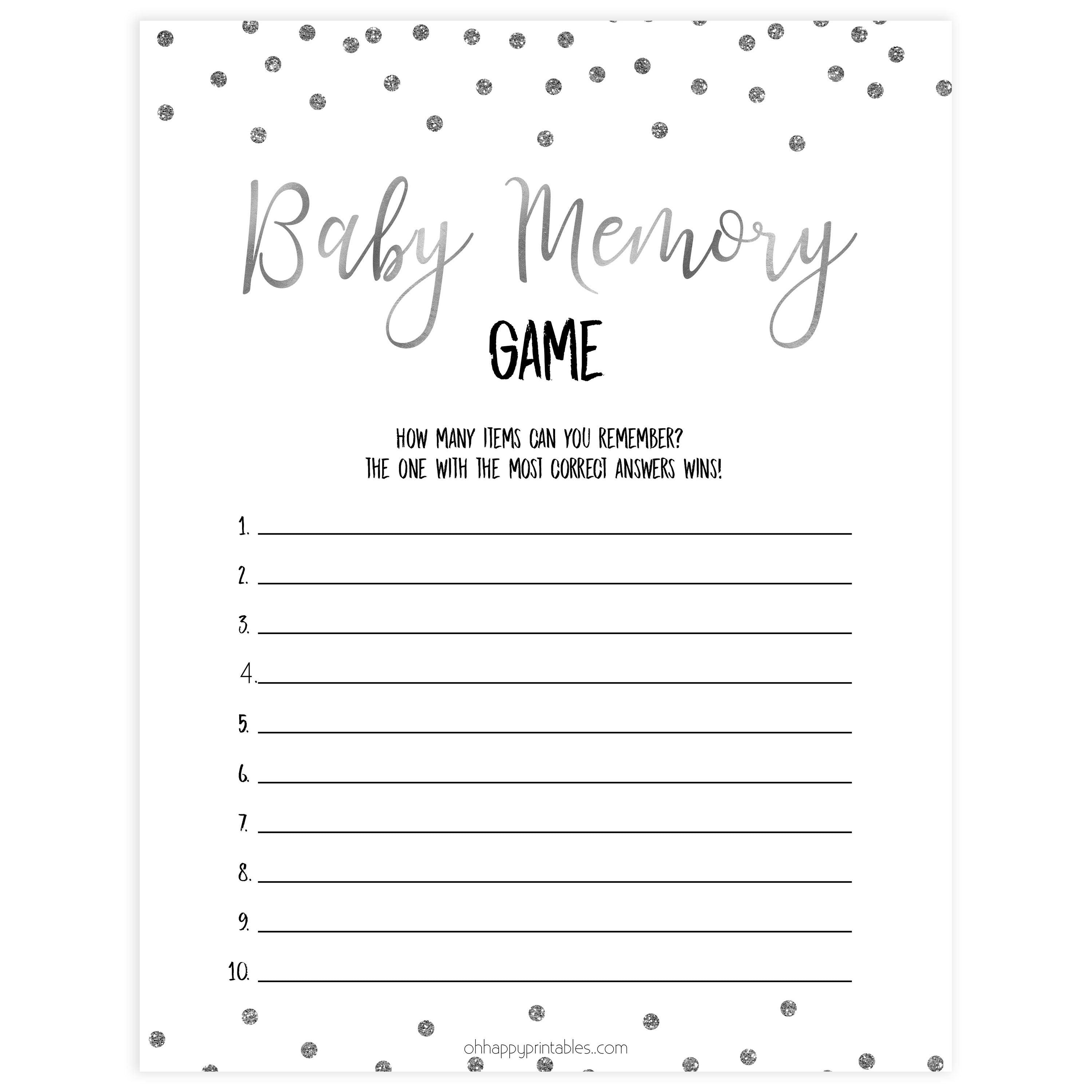 baby memory game, Printable baby shower games, baby silver glitter fun baby games, baby shower games, fun baby shower ideas, top baby shower ideas, silver glitter shower baby shower, friends baby shower ideas