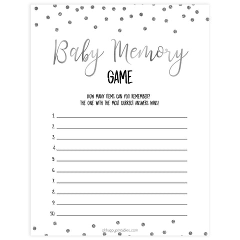 baby memory game, Printable baby shower games, baby silver glitter fun baby games, baby shower games, fun baby shower ideas, top baby shower ideas, silver glitter shower baby shower, friends baby shower ideas