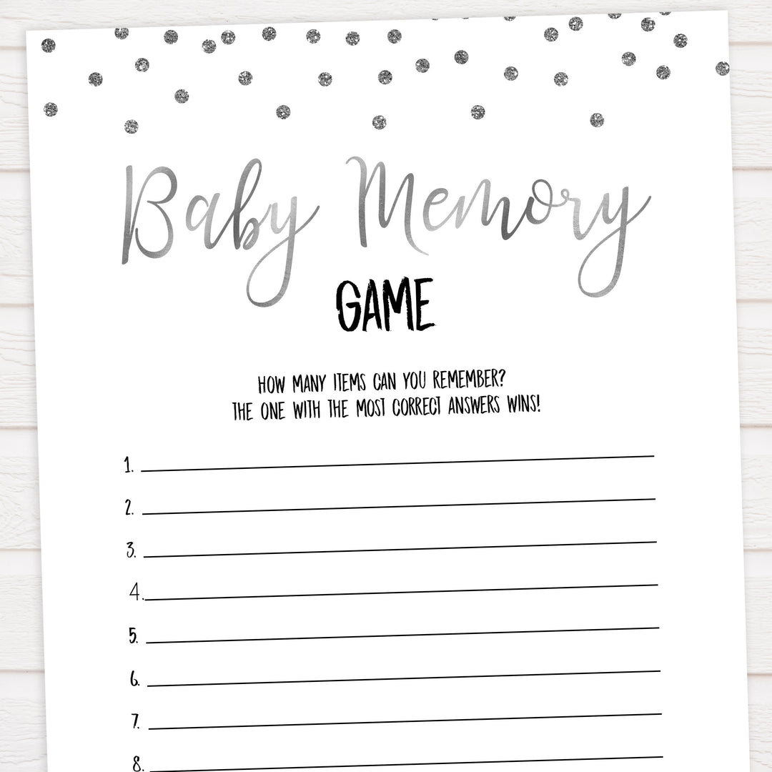 baby memory game, Printable baby shower games, baby silver glitter fun baby games, baby shower games, fun baby shower ideas, top baby shower ideas, silver glitter shower baby shower, friends baby shower ideas