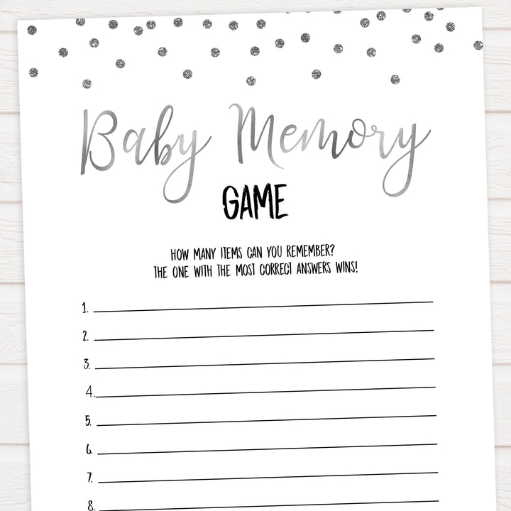 baby memory game, Printable baby shower games, baby silver glitter fun baby games, baby shower games, fun baby shower ideas, top baby shower ideas, silver glitter shower baby shower, friends baby shower ideas