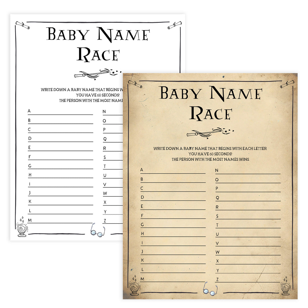 Baby Name Race Game, Wizard baby shower games, printable baby shower games, Harry Potter baby games, Harry Potter baby shower, fun baby shower games,  fun baby ideas