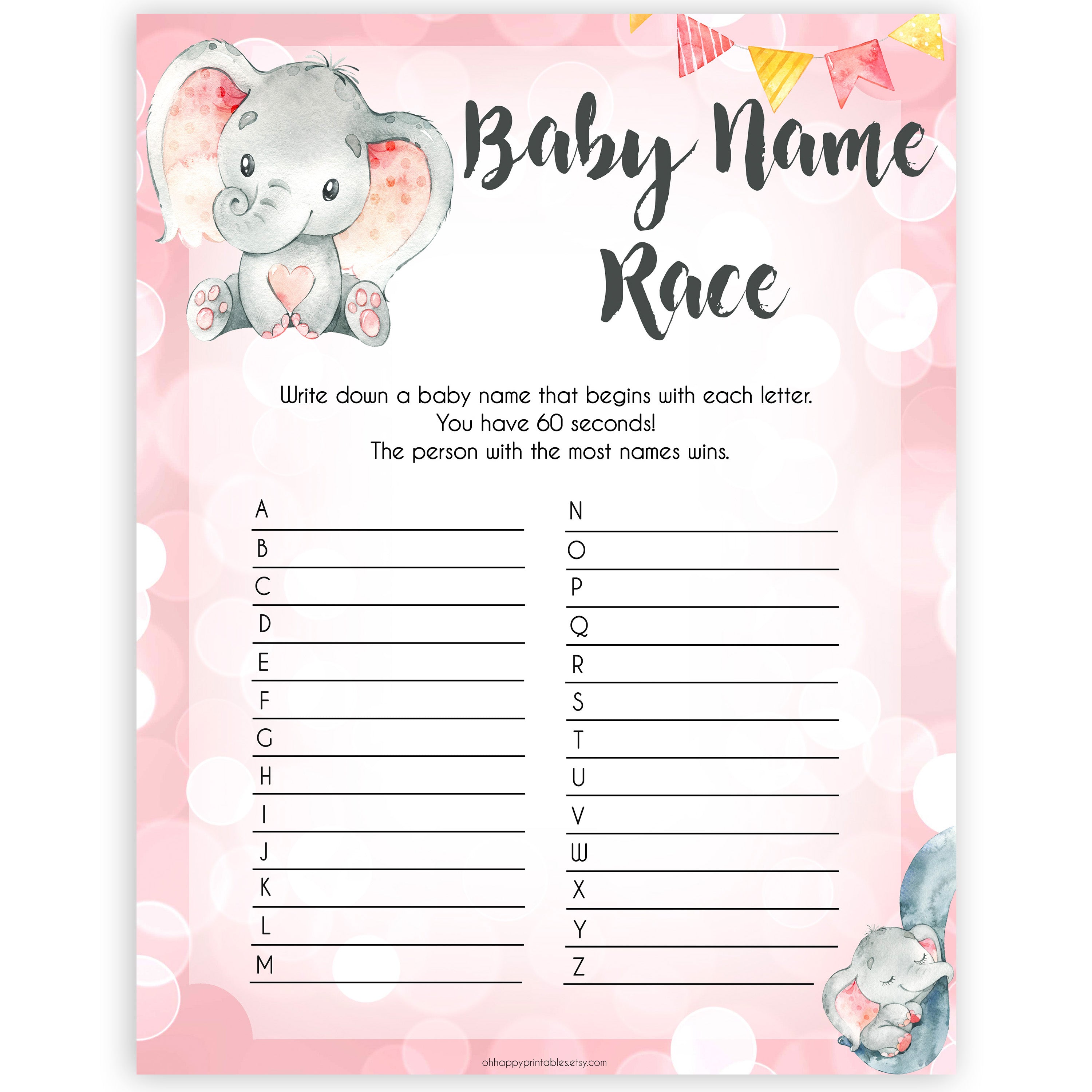 pink elephant baby games, baby name race baby shower games, printable baby shower games, baby shower games, fun baby games, popular baby games, pink baby games