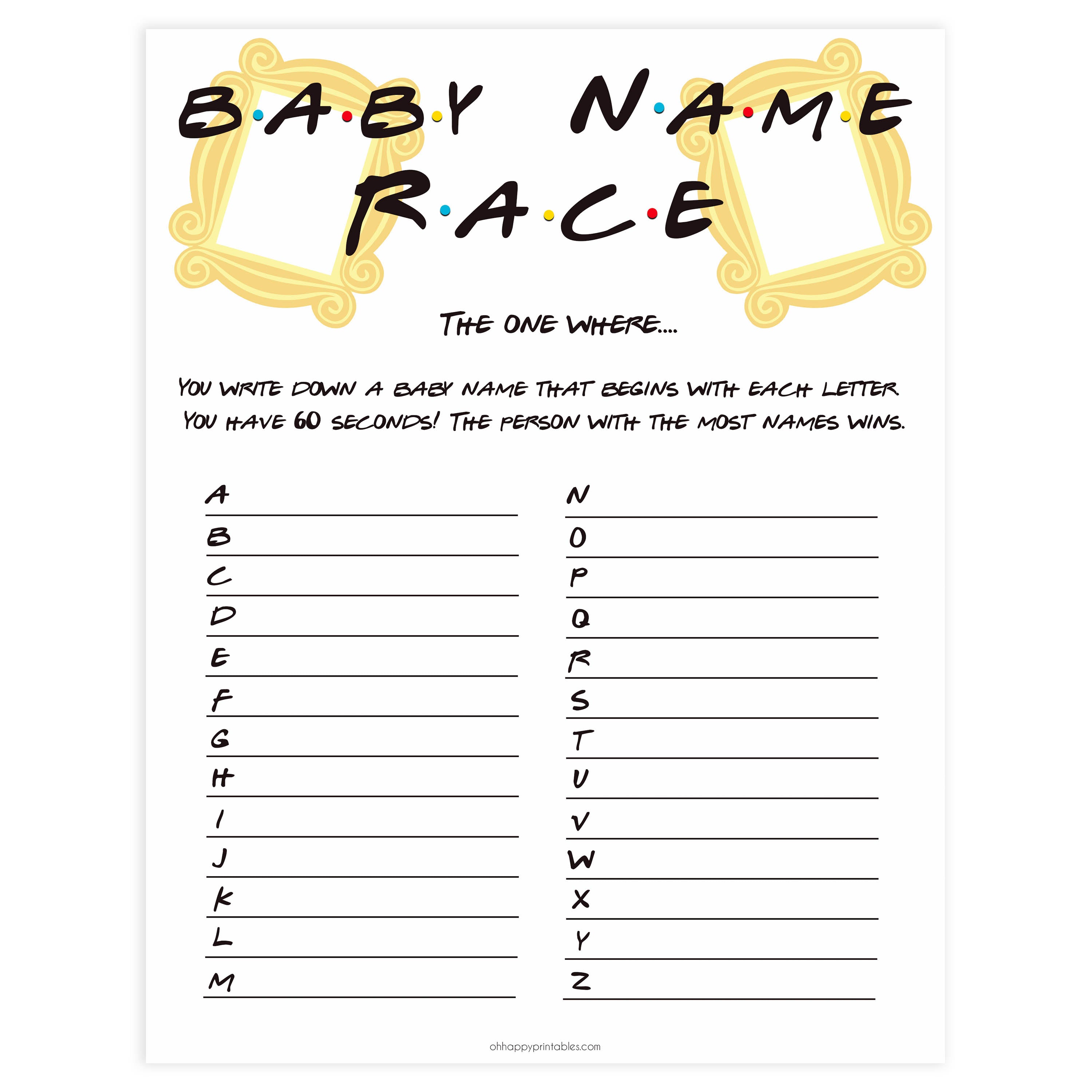 baby name race, Printable baby shower games, friends fun baby games, baby shower games, fun baby shower ideas, top baby shower ideas, friends baby shower, friends baby shower ideas