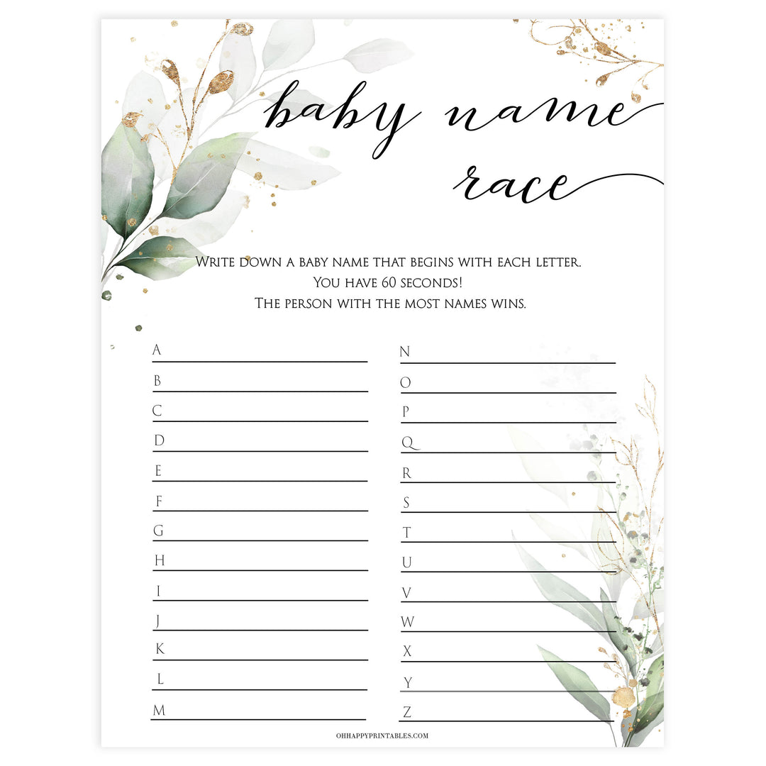 Gold green leaf baby games, baby name race,  printable baby games, fun baby games, top baby games to play, gold leaf baby shower, greenery baby shower ideas