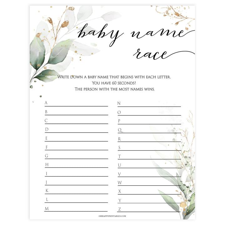 Gold green leaf baby games, baby name race,  printable baby games, fun baby games, top baby games to play, gold leaf baby shower, greenery baby shower ideas