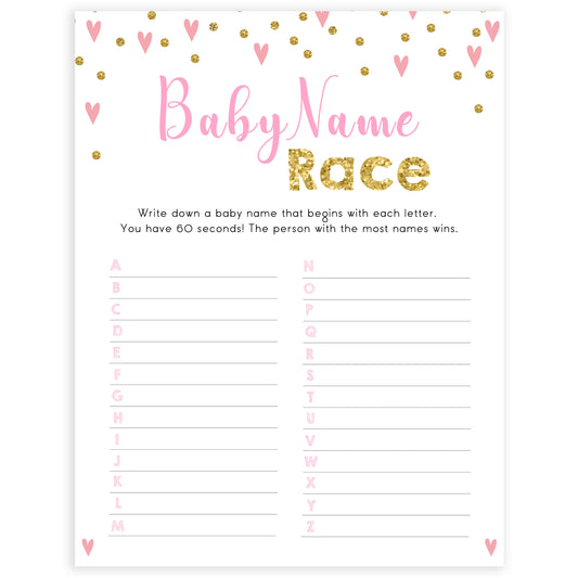 pink hearts baby shower, baby name race baby game, printable baby games, pink baby games, girl baby games, top 10 baby games, fun baby games