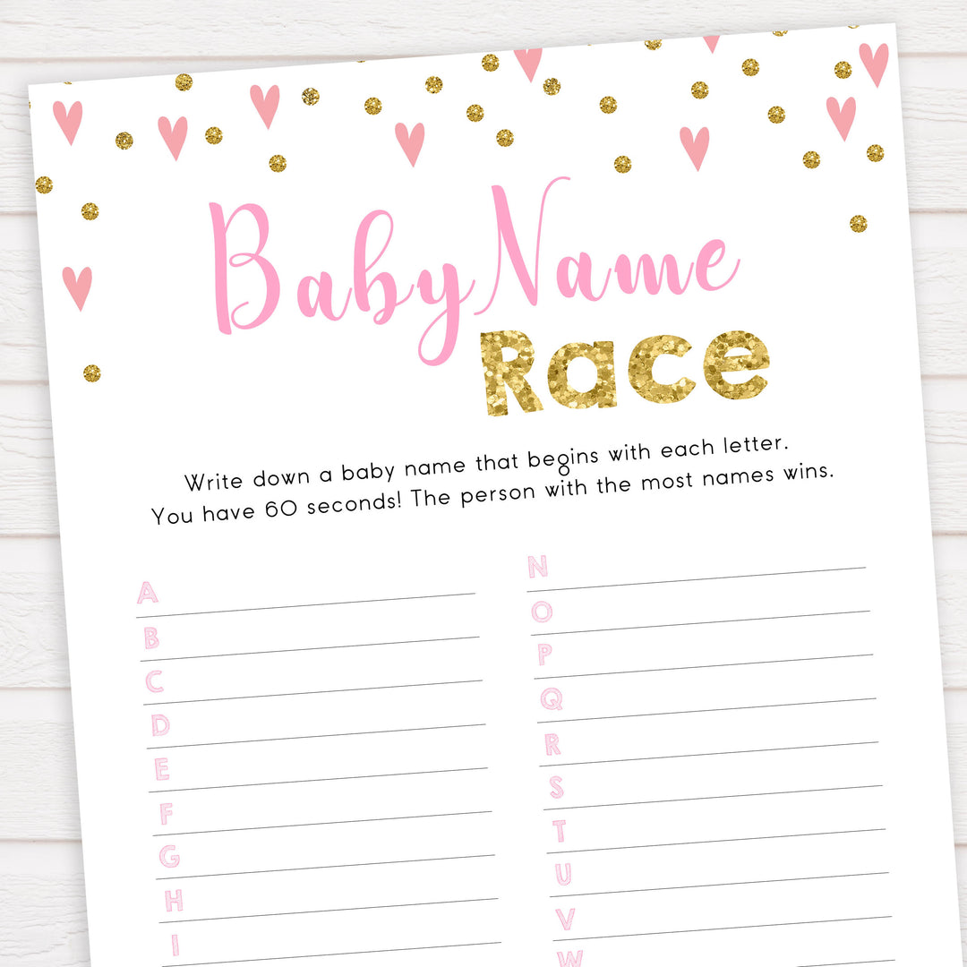 pink hearts baby shower, baby name race baby game, printable baby games, pink baby games, girl baby games, top 10 baby games, fun baby games