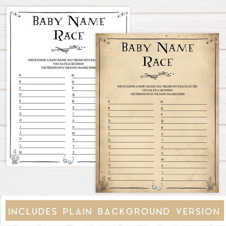 Baby Name Race Game, Wizard baby shower games, printable baby shower games, Harry Potter baby games, Harry Potter baby shower, fun baby shower games,  fun baby ideas