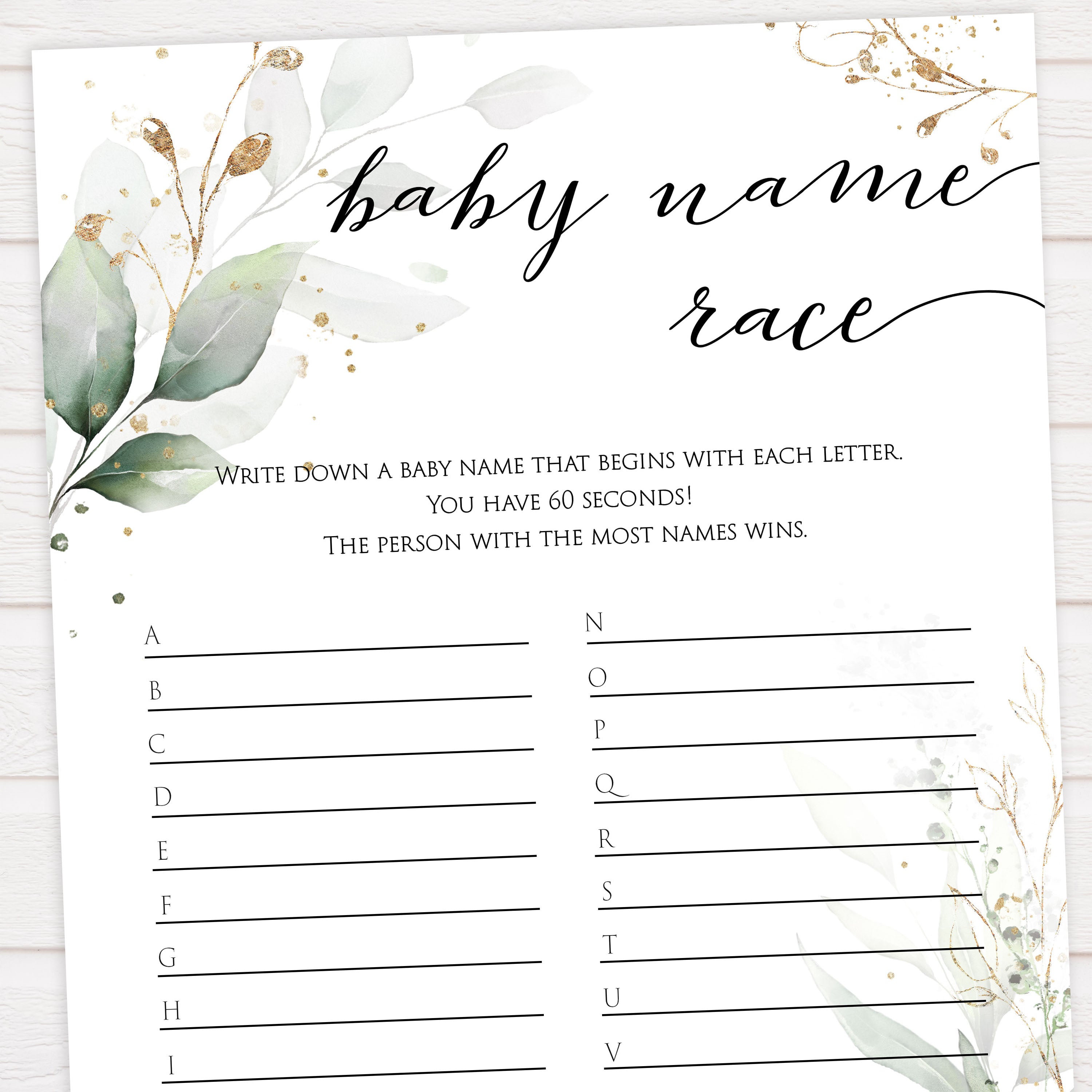Gold green leaf baby games, baby name race,  printable baby games, fun baby games, top baby games to play, gold leaf baby shower, greenery baby shower ideas