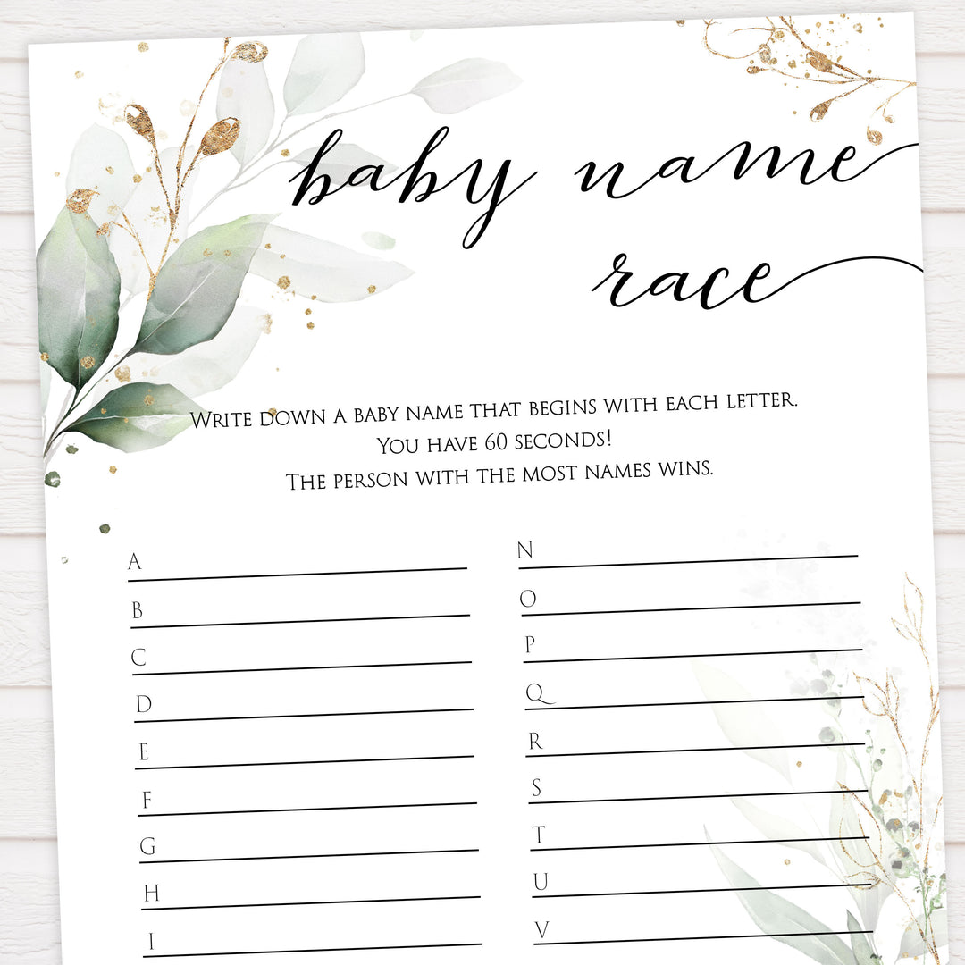 Gold green leaf baby games, baby name race,  printable baby games, fun baby games, top baby games to play, gold leaf baby shower, greenery baby shower ideas