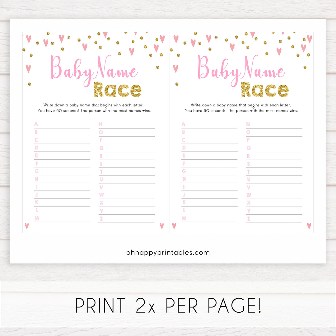 pink hearts baby shower, baby name race baby game, printable baby games, pink baby games, girl baby games, top 10 baby games, fun baby games
