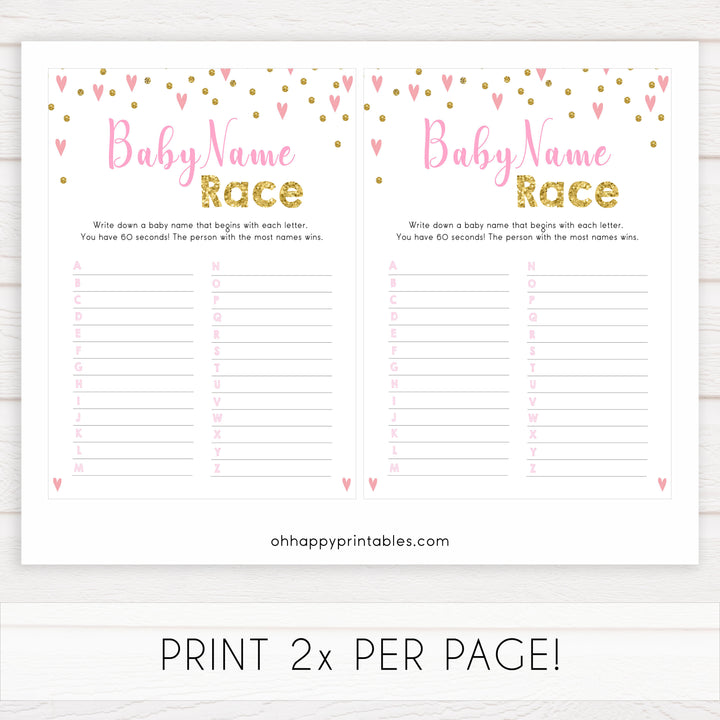 pink hearts baby shower, baby name race baby game, printable baby games, pink baby games, girl baby games, top 10 baby games, fun baby games
