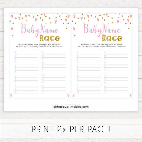 pink hearts baby shower, baby name race baby game, printable baby games, pink baby games, girl baby games, top 10 baby games, fun baby games