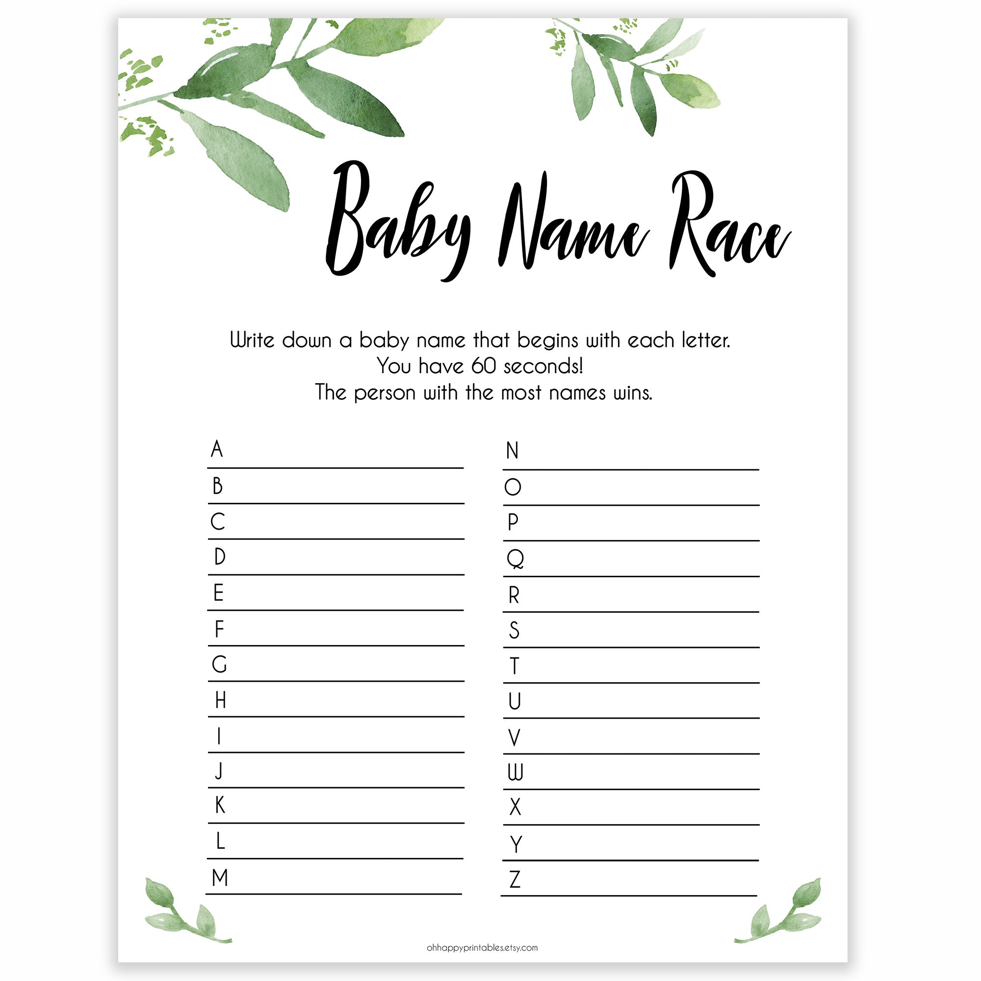 Botanical Baby Name Race Game, Greenery Baby Shower Games, Baby Names Game, Baby Names, Botanical Baby Shower Game, Baby Name Race, fun baby games, top baby games