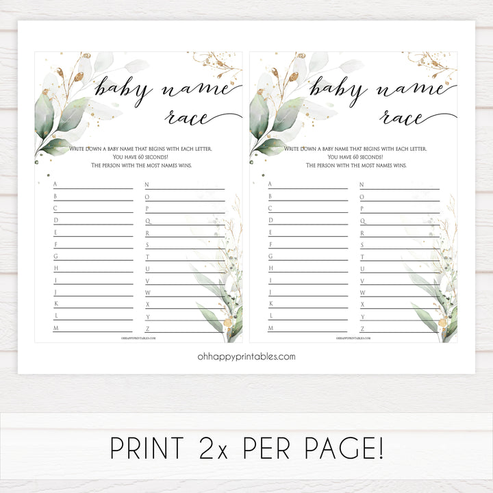 Gold green leaf baby games, baby name race,  printable baby games, fun baby games, top baby games to play, gold leaf baby shower, greenery baby shower ideas