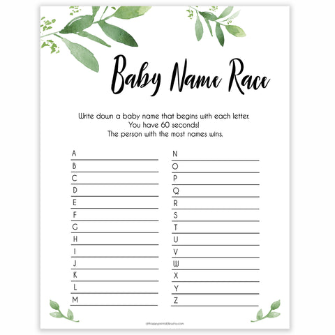 Botanical Baby Name Race Game, Greenery Baby Shower Games, Baby Names Game, Baby Names, Botanical Baby Shower Game, Baby Name Race, fun baby games, top baby games