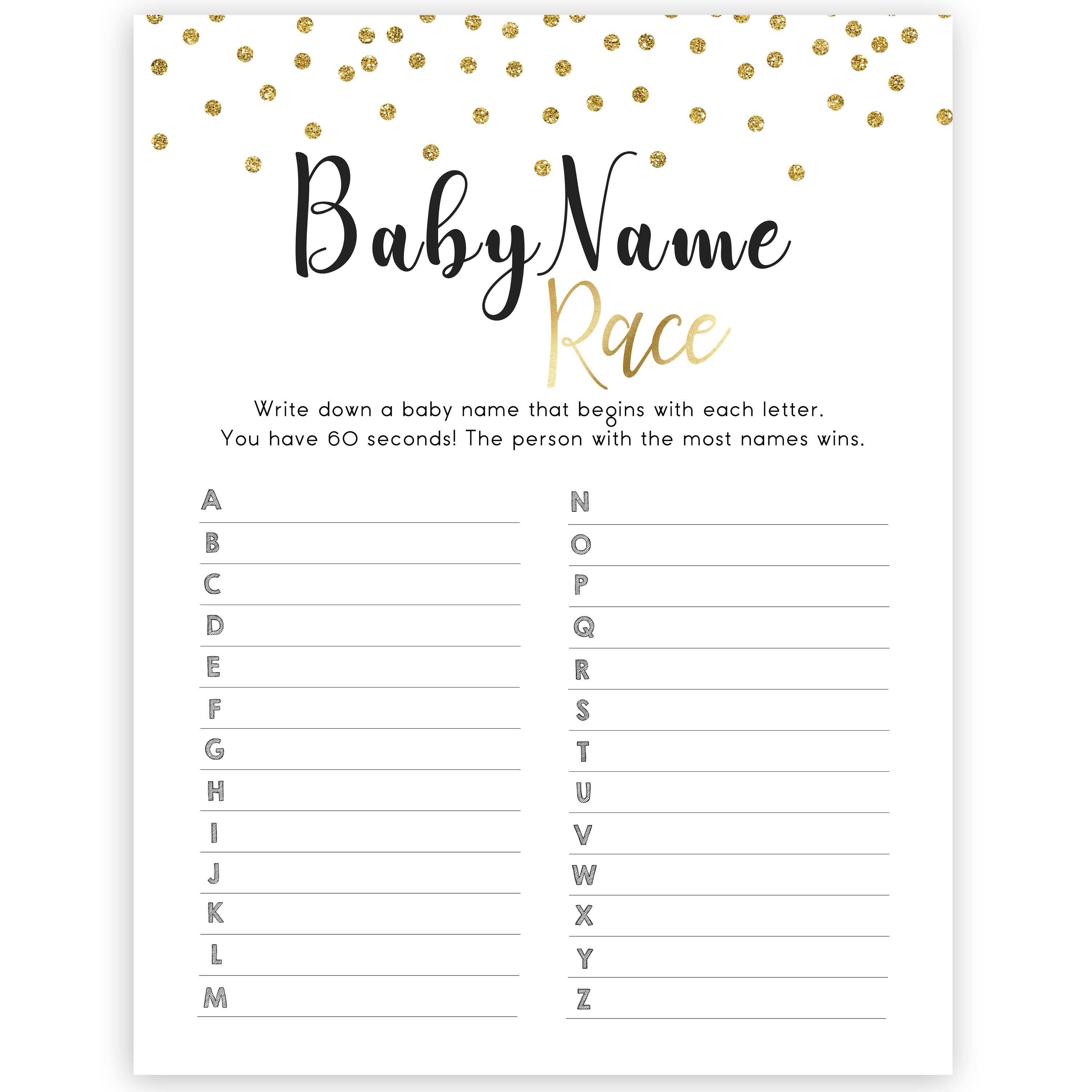 gold baby shower games, baby name race games, printable baby games, fun baby games, popular baby games, baby shower games, gold baby games, print baby games, gold baby shower