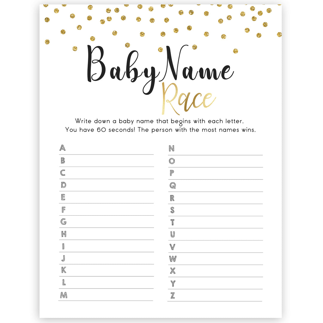 gold baby shower games, baby name race games, printable baby games, fun baby games, popular baby games, baby shower games, gold baby games, print baby games, gold baby shower