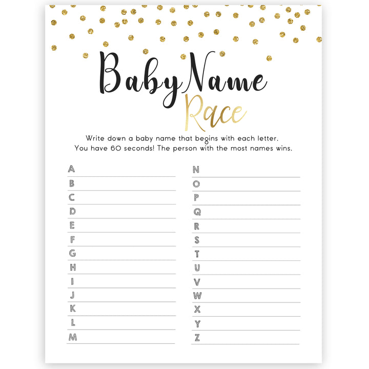 gold baby shower games, baby name race games, printable baby games, fun baby games, popular baby games, baby shower games, gold baby games, print baby games, gold baby shower