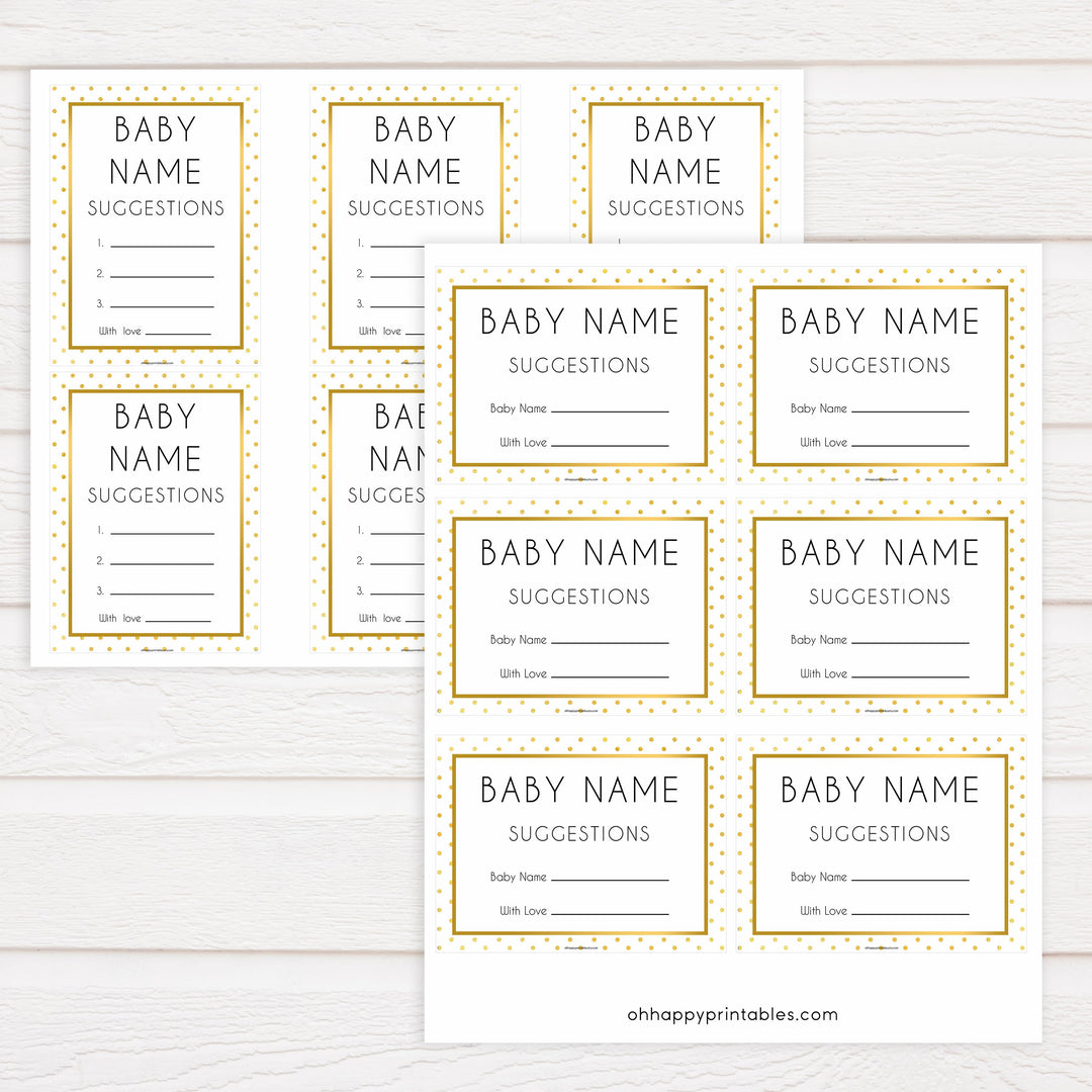 baby name suggestions game, Printable baby shower games, baby gold dots fun baby games, baby shower games, fun baby shower ideas, top baby shower ideas, gold glitter shower baby shower, friends baby shower ideas
