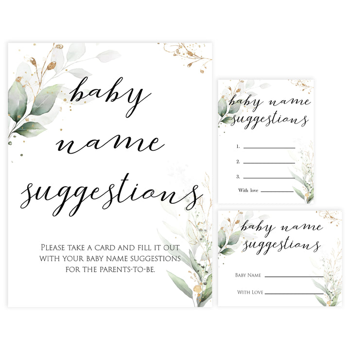 Gold green leaf baby games, baby name suggestions, printable baby games, fun baby games, top baby games to play, gold leaf baby shower, greenery baby shower ideas