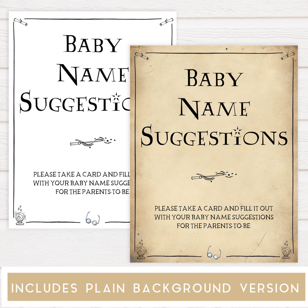 Baby Name Suggestions Game, Wizard baby shower games, printable baby shower games, Harry Potter baby games, Harry Potter baby shower, fun baby shower games,  fun baby ideas