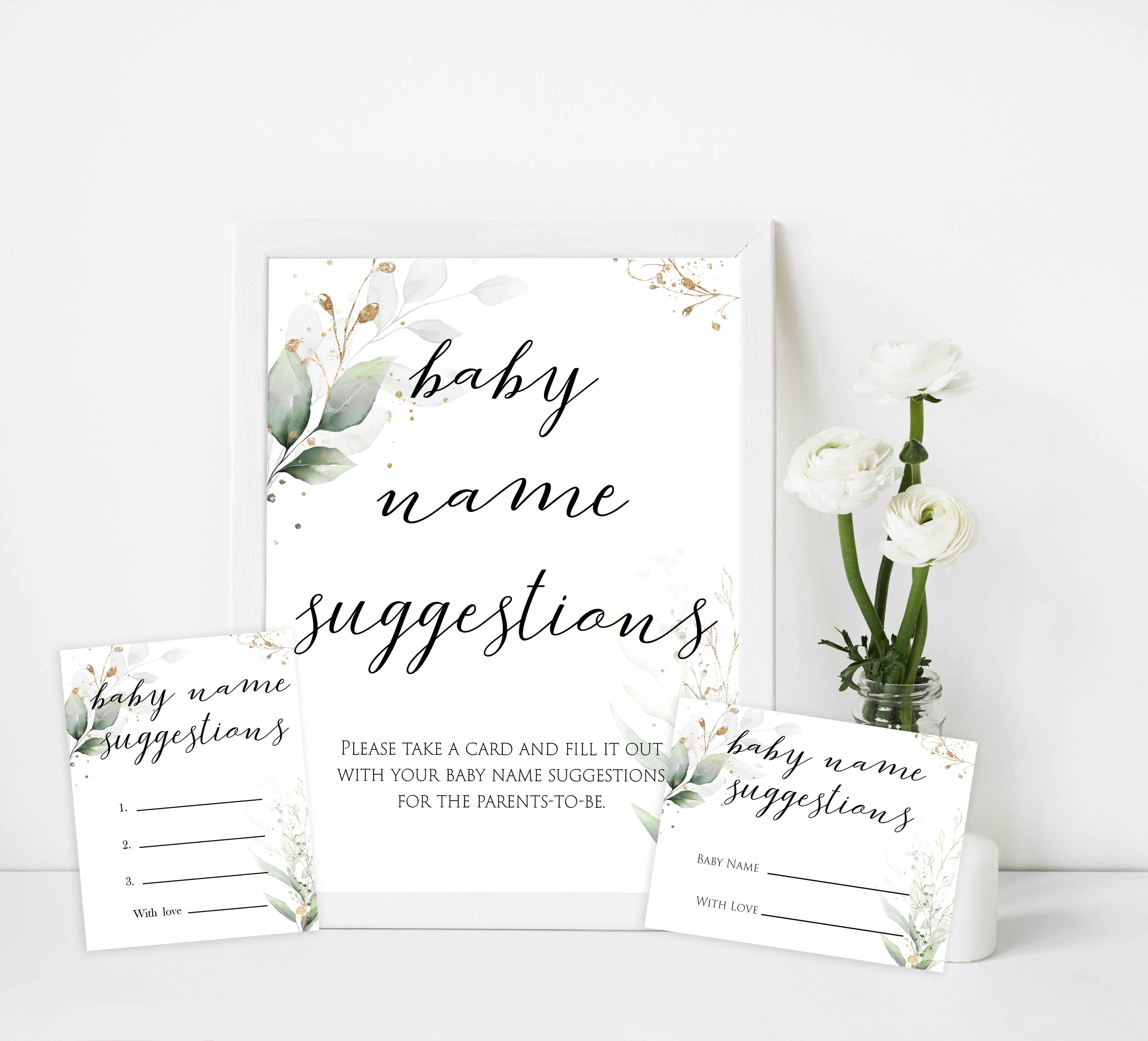 Gold green leaf baby games, baby name suggestions, printable baby games, fun baby games, top baby games to play, gold leaf baby shower, greenery baby shower ideas