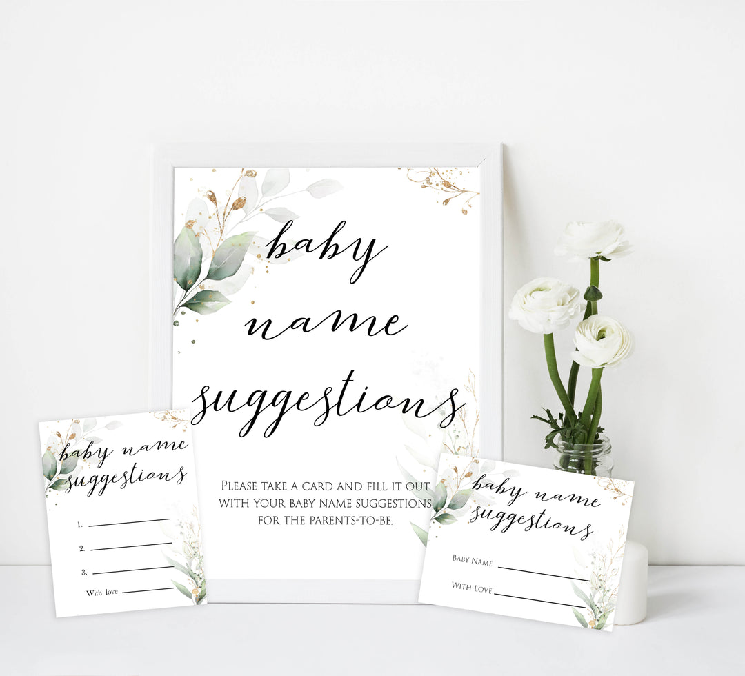 Gold green leaf baby games, baby name suggestions, printable baby games, fun baby games, top baby games to play, gold leaf baby shower, greenery baby shower ideas