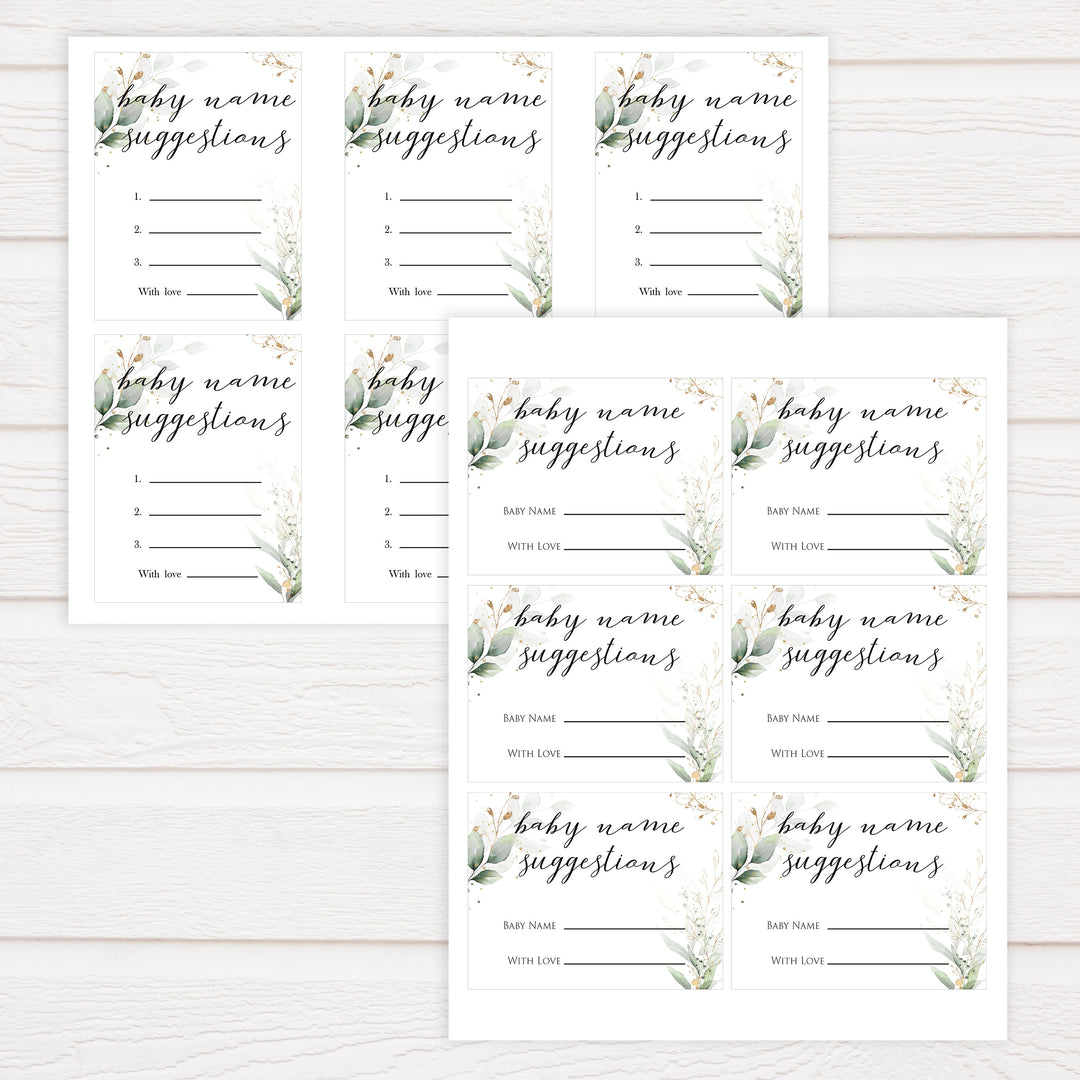 Gold green leaf baby games, baby name suggestions, printable baby games, fun baby games, top baby games to play, gold leaf baby shower, greenery baby shower ideas