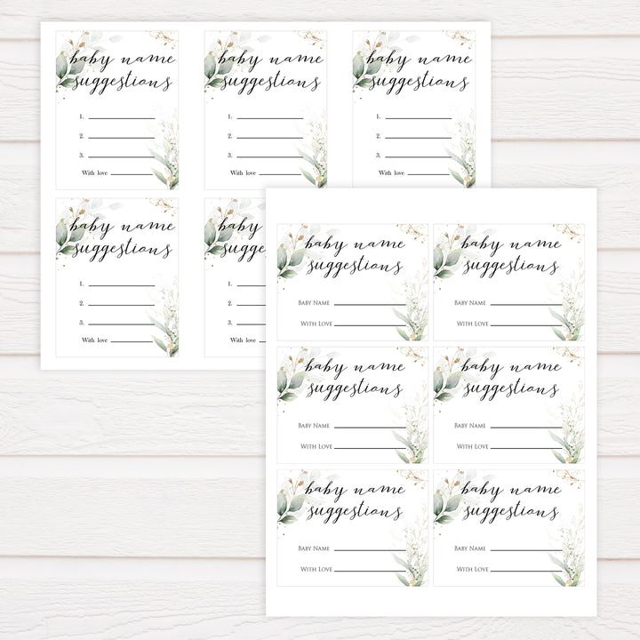 Gold green leaf baby games, baby name suggestions, printable baby games, fun baby games, top baby games to play, gold leaf baby shower, greenery baby shower ideas